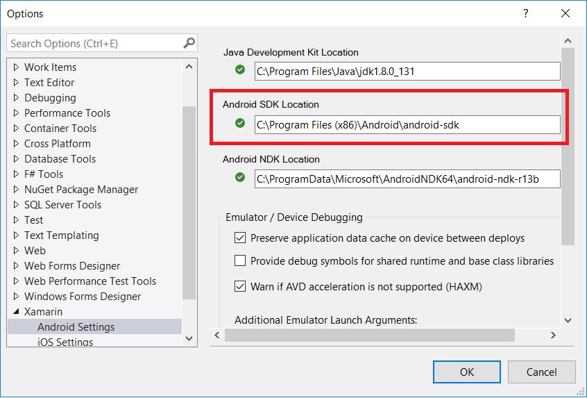 Visual Studio tools options view